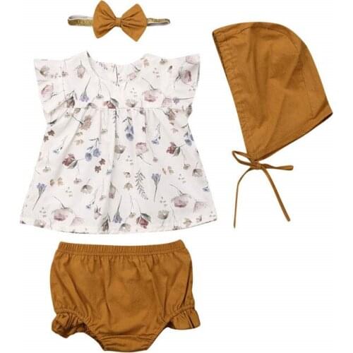 4Pcs Summer Newborn Kids Baby Girls Floral Top T-shirt Pants Hat Outfit Clothes Set 0-3Y