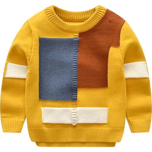 Baby Kids Tshirt Sweater Yellow Squar Rectangle Match Style Little Boy Outfit O-Neck Knitted Clothes for 2T-7T