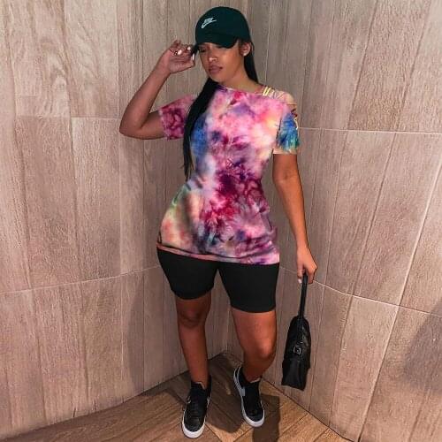 Tie Dyeing Print Short Sleeve T-shirts Tops and Black Biker Shorts for Women Activewear Women Tracksuit Casual Two Piece Suits