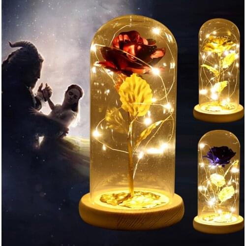 Artificial Eternal Rose LED Light Beauty and The Beast 24K Gold Foil Galaxy Rose Flower Christmas Home Decor Valentines Day Gift