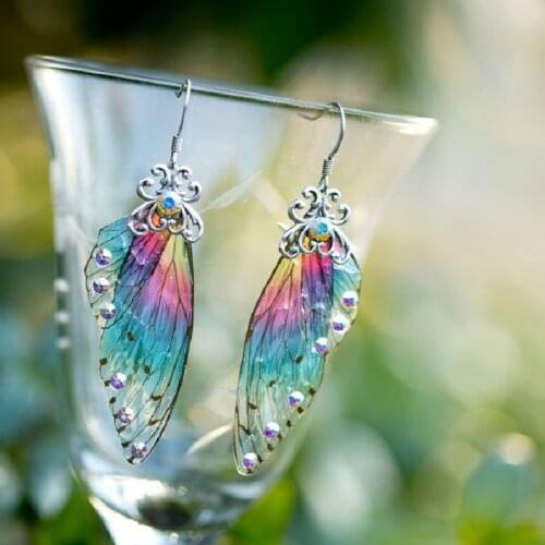 Dainty Butterfly Wings Rainbow Crystal Drop Earrings Charm Female Vintage Silver Color Dangle Earrings For Women Wedding Jewelry