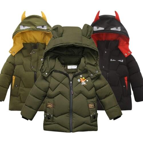 Baby Boy Jackets Winter wear outerwear&Jacket Cartoon bear print decoration Kids Warm Hooded Down Jacket Children Outerwear Coat