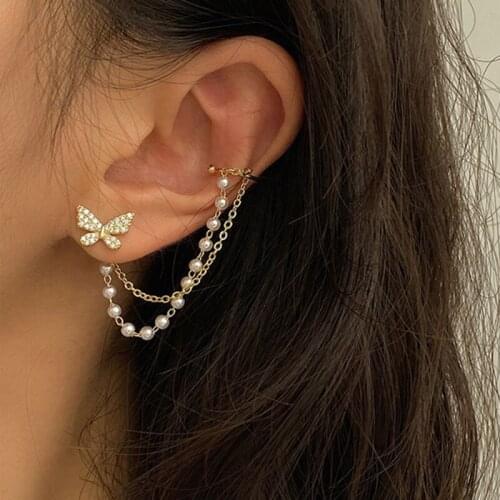 Fashion Simple Butterfly Tassel Chain Earrings For Women Girl Asymmetry Rhinestone Shiny Metal Piercing 2 In 1 Ear Jewelry Gifts