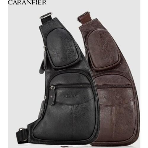 CARANFIER Mens Chest Bags Shoulder Messenger Bags PU Leather Casual Zipper Soft Male Classic Solid Color Travel Crossbody Bag