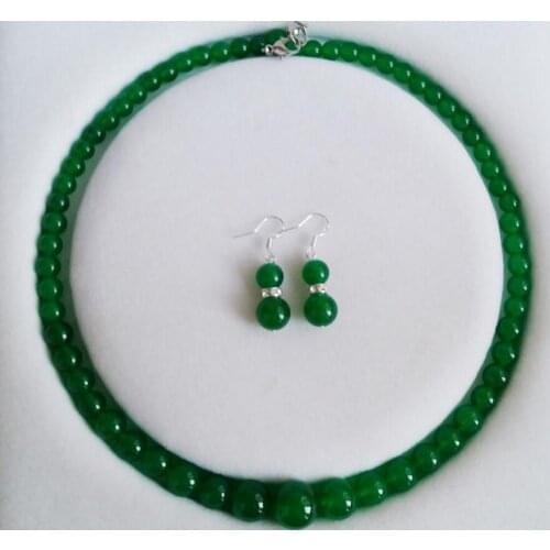 New hot 6-14mm Green Emerald Gems tone Round Beads Necklace Silver Hook Earrings Set 18"