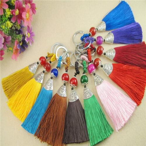 Wholesale 10pcs 14cm Colorful Tassel Charms Ice Silk Key Ring With Beads Charm Pendant Key buckle Satin Tassels Jewelry Making