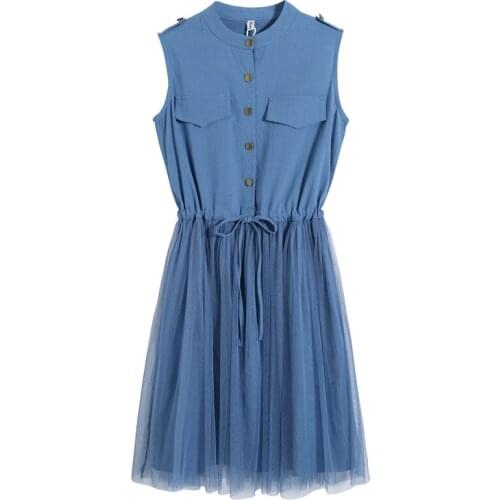 Summer dress women sleeveless casual mesh shirt dress ladies fashion thin pocket button long tunic dress robe female