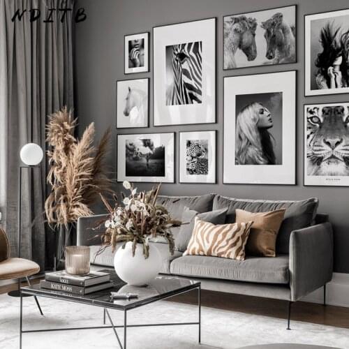 Scandinavian Fashion Lady Poster Black White Animal Canvas Print Wall Art Painting Nordic Zebra Tiger Picture Modern Home Decor