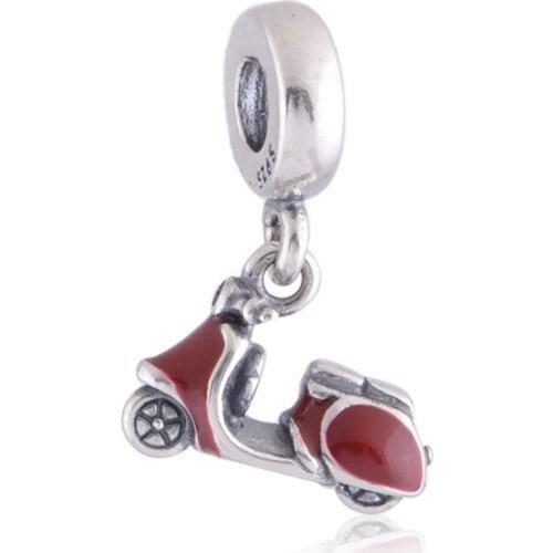 Red Enamel Motorcycle Dangle Silver 925 Jewelry DIY For Charm Bracelets & Bangles Travel Sign Silver Charms for Jewelry Making