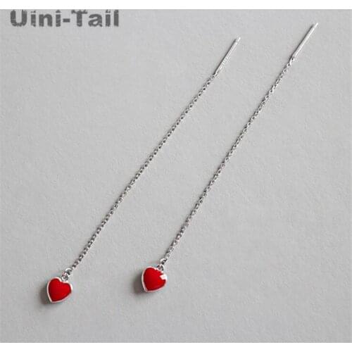 Hot 925 sterling silver red heart ear line Korean tassel earrings long temperament personality simple wild heart-shaped earrings