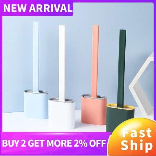 Toilet Brush Water Leak Proof With base Silicone Wc Flat Head Flexible Soft Bristles Brush with Quick Drying Holder Set Bathroom