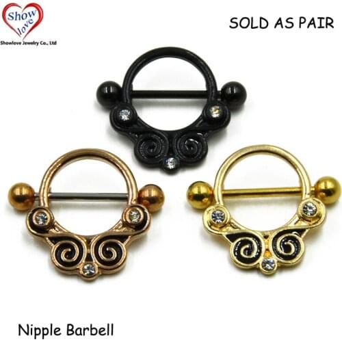 Showlove-PAIR Titanium Anodized New Desgin CZ Gem Nipple Shield Ring with Swirl Piercing Jewelry Nipple Barbell