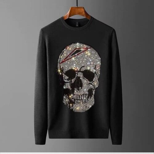 Super Heavy Craft Rhinestone Personality Mens Sweater Three-Dimensional Shiny Pullover Brand Design Long Sleeves