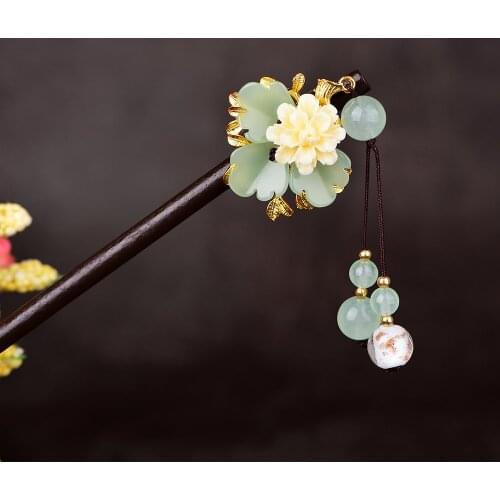 Vintage Glass Glazed Flower Chinese Hairpin Ethnic Hair Stick with Stone Tassel Bride Hair Jewelry for Women