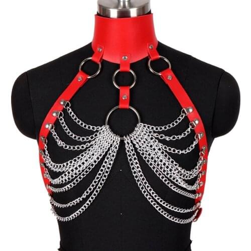 Women Leather Harness Bra Red Belt Chest Neck Chain Metal Cage Tops Adjust Punk Goth Hollow Out Party Dance Straps Lingerie