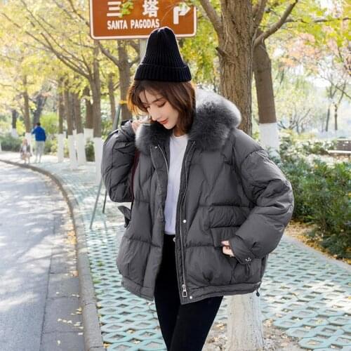 Women 2020 Winter Natural Fox Fur Collar Coats Female White Duck Down Solid Color Outwear Ladies Loose Warm Overcoats L163