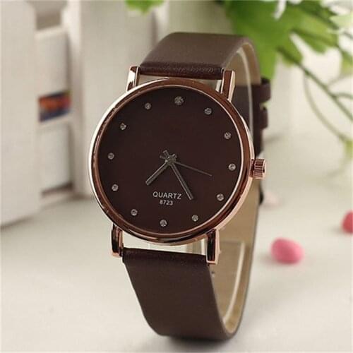 2019 Fashion Womens Faux Leather Band Wristwatch Rhinestone Inlaid Quartz Watch