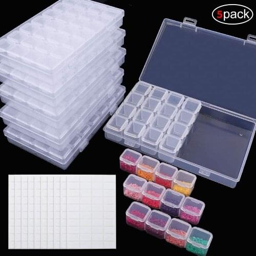 5 Pack 28 Grids Diamond Painting Boxes Diamond Embroidery Storage Boxes with 400pcs Label Stickers , Nail Diamonds, white