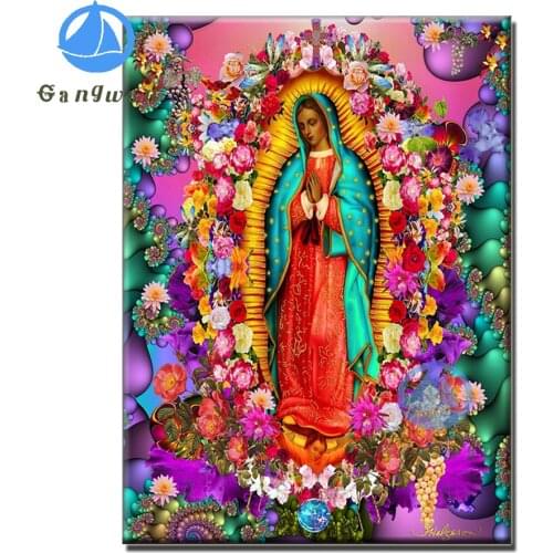 5D Diy Diamond Mosaic Coloful Flower Virgin Mary Diamond Painting Full Square Round Embroidery Sale Our Lady,Mexico Guadalupe
