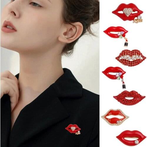 XKZM Womens Brooch Red Color Rhinestone Lips Brooches For Women Fashion Sexy Mouth Neckpin Pin Shining Jewelry Gift