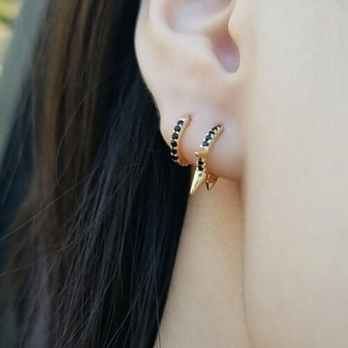 Black cz gold color 100% 925 sterling silver revit spike minimal delicate earring three spikes mini CZ hoop jewelry for women