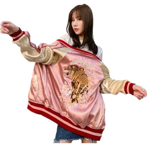 Spring Autumn Two Sides Wear Luxury Tiger Embroidery Jacket Womens Smooth Satin Baseball Casual Coats