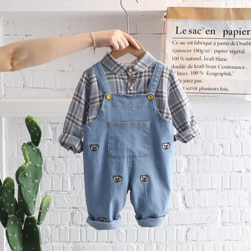 Autumn Children Baby Girls Boys Embroidery Sets Plaid Shirt Plaid Denim Overalls Pants 2pcs Infant Clothes Suits Toddler Costume