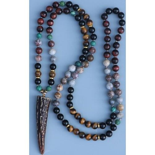 EDOTHALIA Vintage Cattle Awl Shape Pendant Necklace, 8mm Tiger Eyes, Gobi Agated Bead Necklace Handmade Jewelry Presents