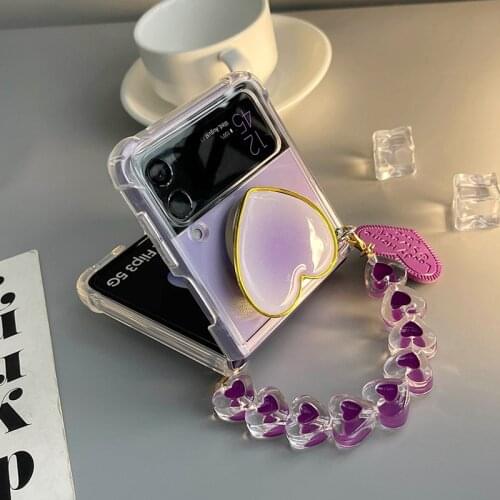 Purple Holder Phone case For Samsung Galaxy Z Flip 3 Love Bracelet Chain Clear Shockproof Z Flip Cover