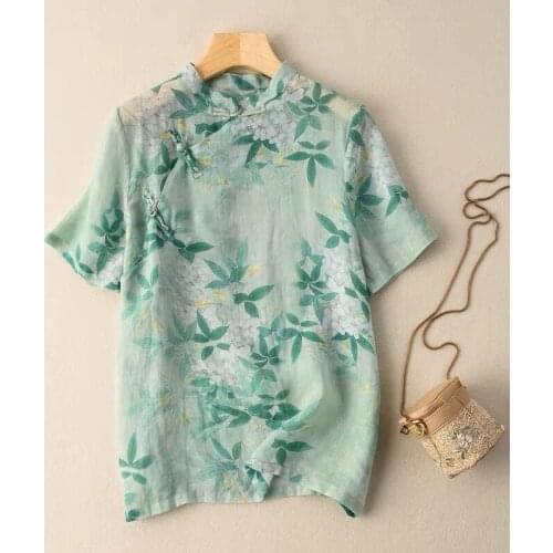 Cotton 100% Linen Printed Women T-Shirts Summer Vintage 2021 O-Neck Short-Sleeved Straight Female Pulls Outwear Tops