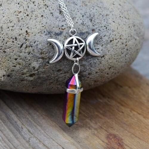 Triple Moon Crystal Necklace, Rainbow Titanium Treated Crystal W Pentagram, Triple Moon Goddess Wiccan Jewelry, Pagan Necklace