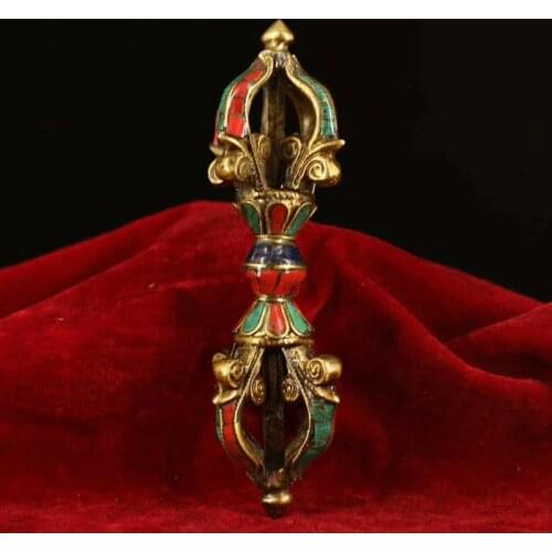 From Tibetan temple, handmade old-style copper inlaid with gemstone vajras dharma-vessel, for Guard house, exorcise evil spirit