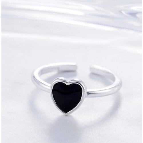Heart Black Drop Glaze 925 Sterling Silver Literary Temperament Personality Fashion Female Resizable Opening Rings SRI097