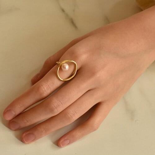 Elegant Simulated Pearl Hollow Adjustable Ring Women Trendy Gold Color Metal Geometric Jewelry Bijoux Cute Gift