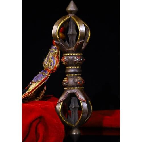 10"Tibet Temple Collection Old Tiantie Tracing mosaic Gem Skull head Dorje Vajra Phurpa Prayer flags Town House Exorcism