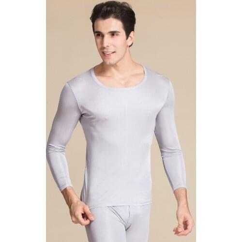 New mens solid color real silk double knitting round neck warm underwear set mulberry silk autumn clothes and pants 9802