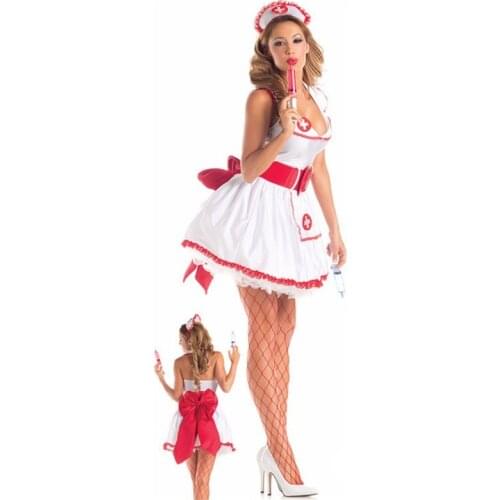 Sexy Nurse Costume Sweet Red Bowknot V-neck Dress White Angel Maid Cosplay Nurse Uniform