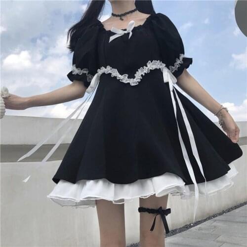 Summer Sweet Girl Korea Harajuku Woman Gothic Dark Lolita Dress Bow Bandage Lace Patchwork Cute Black Maid All-Match Sexy Dress