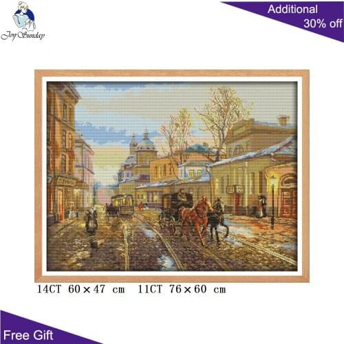 Joy Sunday Street Views Needlework F964 14CT 11CT Counted and Stamped Home Decor Night City Embroidery DIY Cross Stitch kits