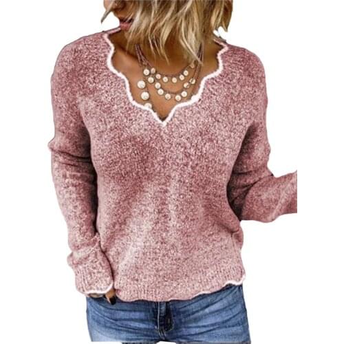 2020 New Sweater Irregular V-neck Solid Color Knitted Long-sleeved Cute Pullover Casual High Street Jersey Mujer En