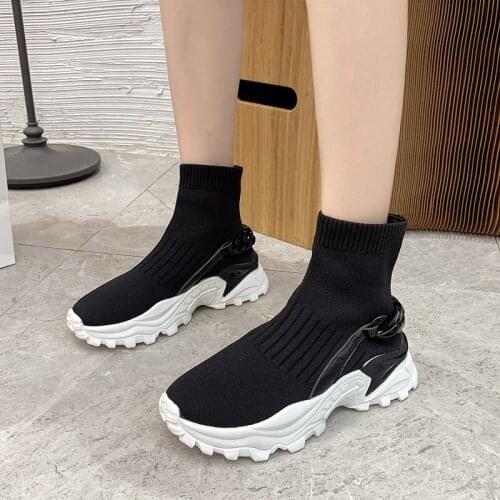 Spring and autumn new high-top waterproof platform sports shoes womens knitted casual shoes womens sports shoes short and fat