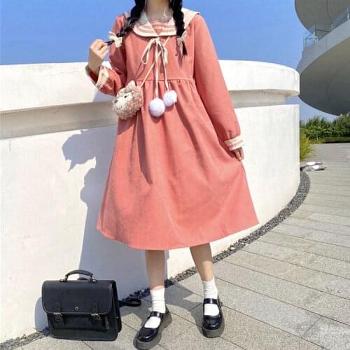 Japanese Autumn New Kawaii Bow Rabbit Ears Loli Dress Sweet Girl Peter Pan Collar Cute High Waist Dresses Cute Soft Girl Dresses