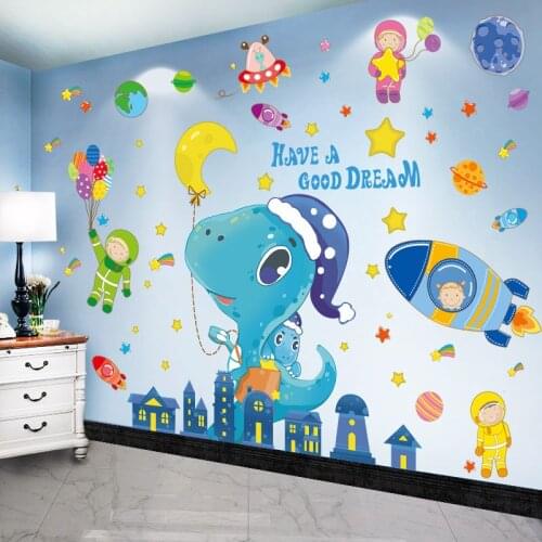 [SHIJUEHEZI] Dinosaur Animals Wall Stickers DIY Outer Space Rockets Astronauts Wall Decals for Kids Room Baby Bedroom Decoration
