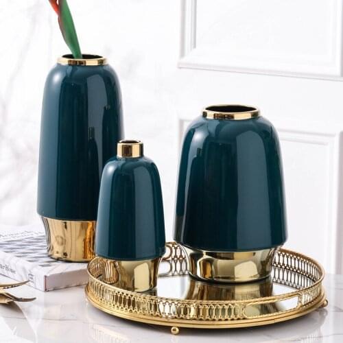 Nordic Dark Green Gilded Ceramic Vase Dried Flower Flower Arrangement Plant Hydroponic Vase Golden Border Living Room Decoration