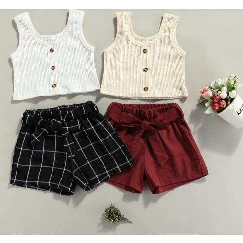 FOCUSNORM 0-4Y Summer Fashion Kids Girls Clothes Sets 2pcs Solid Sleeveless Pullover Vest Tops Plaid Bow Shorts