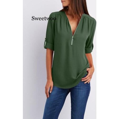 Womens new V-neck zipper sleeves loose chiffon long-sleeved shirt womens T-shirt