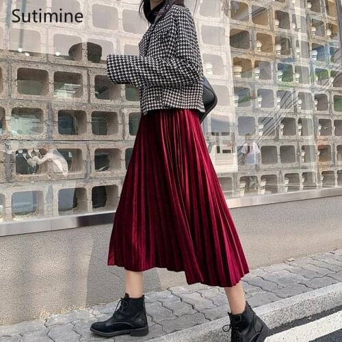Women A Line Pleated Skirts Casual Solid Long Velvet Skirt for Girls High Waisted Skirt Kawaii Bottom Women Clothes