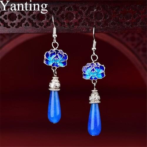 Yanting Blue Cloisonne Flower Earrings Women Jewelry Water Drop Earings Ethnic Handmade Statement Earrings Blue Chalcedony 050