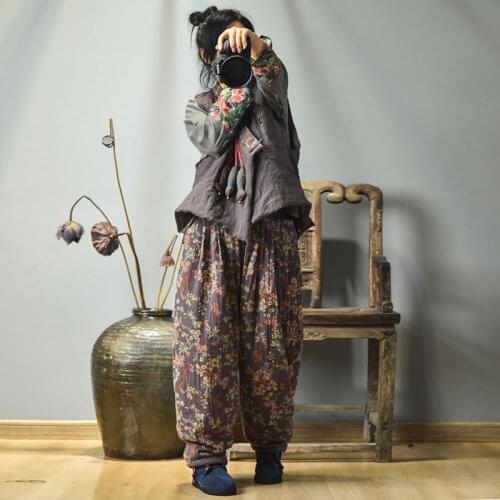 Women Loose Retro Printed Elastic Waist Padded Pants Ladies Vintage Print Winter Trousers Female 2020 Padded Trousers Pants