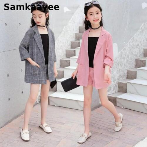 5-15y Kids Girls Blazer Summer Jacket + Vest + Shorts 3pcs Children Tuxedos Suit Pink Casual Jackets Single Breasted Clothes Y47
